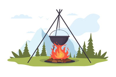 Cooking cauldron hanging over campfire in clearing in woods against mo