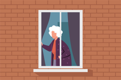 Elderly woman alone, sad elderly female character looking out window o