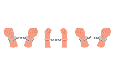 Handcuffed hand set, prisoners arms. Human in jail. Breaking chain sha