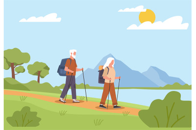 Happy active elderly couple with backpacks traveling hiking trail. Gra