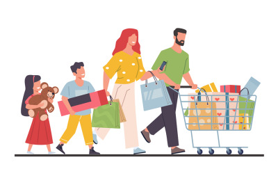 Happy family with shopping in hand and cart. Father carrying cart for