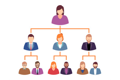 Hierarchy in company or organizational chart with people icons. Men an