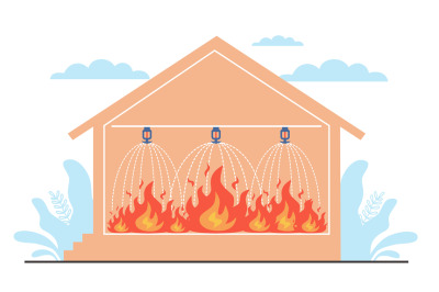 Home fire protection system, sprinklers spray water on flames. Smoke c