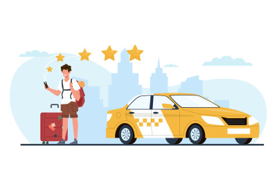 Joyful fellow passenger rates taxi five stars using smartphone app. Cu