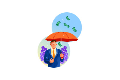 Businessman Holding an Umbrella under Money Rain