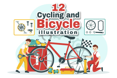 12 Cycling and Bicycle Tool Set Illustration