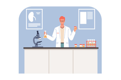 Man performs urinalysis in medical laboratory. Doctor examines biomate