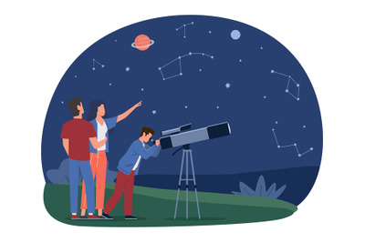 Mother, father, and son watching stars and planets through telescope t