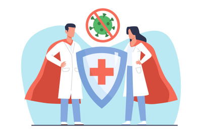 Super doctor and nurse fight viruses and bacteria. Man and woman with