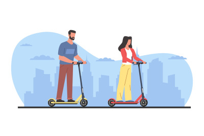 Woman and man ride around city on electric scooters and take tour. Mod