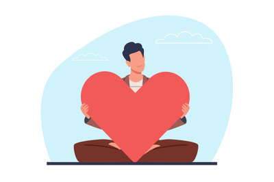 Young man in lotus pose embraces large red heart with thoughtfulness a