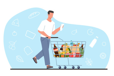 Young man in supermarket with shopping list and cart full of groceries