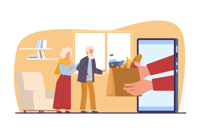 Elderly people order fresh food delivery online. Hands hold bag with g