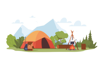 Forest summer camp with campfire, tent and backpack on mountain backgr