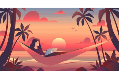 Girl in hammock with tablet works on tropical island beach at sunset.