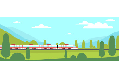 Super express train travels on railroad with mountains and forest in b