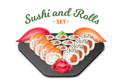 Realistic sushi and rolls. Japanese food composition, serving cold sna