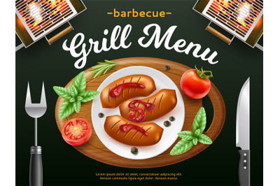 Bbq grill menu cover. Glowing coals, top view plate, kitchen appliance