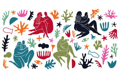 Matisse style plants elements. Hugging couples in intimate poses, mini