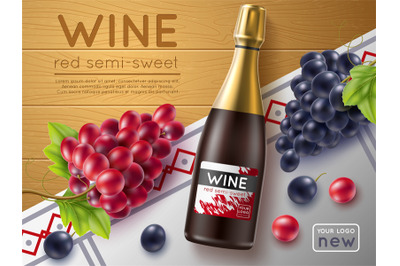 Realistic red wine with grape poster. Noble alcoholic drink in glass b