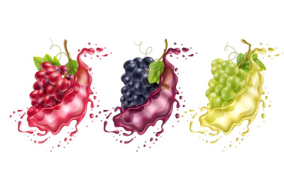 Realistic grape splash. Wine berries different varieties in flying col