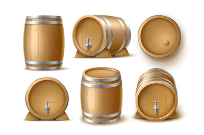 Realistic wooden barrels. 3d isolated alcohol containers, beer, wine a