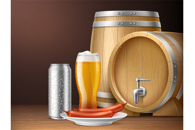 Beer and barrel background. Realistic wooden container for storing alc