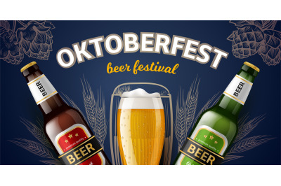 Oktoberfest poster. Annual beer holiday realistic elements, glass gobl