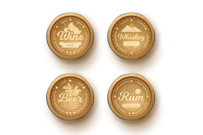 Wooden barrels tops emblems. Realistic oak round signs with alcoholic