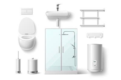 Realistic bathroom elements. 3d plumbing objects, white porcelain sink