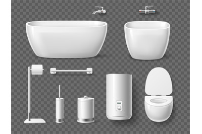 Realistic bathroom and toilet elements. Shower and toilet objects, sin