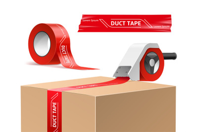 Cardboard box with tape. Realistic packaging, sealing process with bra