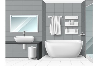 Realistic bathroom interior. 3d minimal wet room design, ceramic tiles