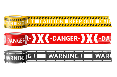 Warning sticky tapes. Realistic mounting film with danger labels, acci