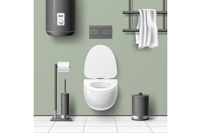 Realistic toilet interior. Minimal design, porcelain toilet bowl, blac