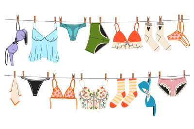 Underwear on ropes. Women panties and bras drying on clothesline, beau