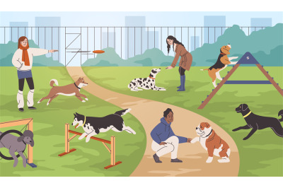 Dog training process. Owners walk their pets on dog playground with si