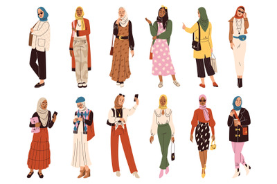 Islamic modern women. Cartoon muslim persons with fashionable clothes