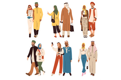 Islamic modern couples. Muslim men and women in fashionable oriental c