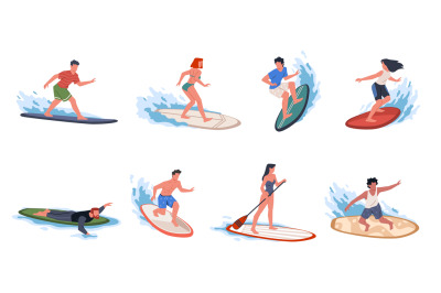 Beach surfers. Happy young athletes dissect waves with boards, summer