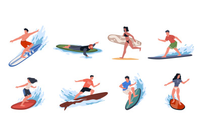 Cartoon happy surfers. Guys and girls ride boards on ocean and sea wav