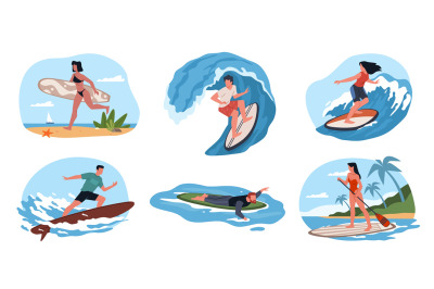 Surfers characters. People on boards dissect sea and ocean waves, beac