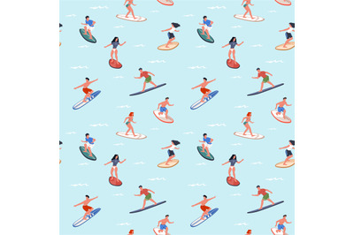 Surfers seamless pattern. Happy people surf waves on boards trendy pri