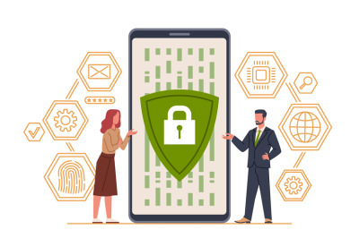 Mobile data protection. Security app on smartphone screen, privacy con