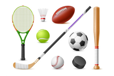 Realistic sport balls clubs. 3d isolated sport games accessories, deta