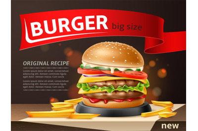 Burger ads. Realistic fast food, tasty hamburger advertising banner, s