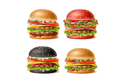 Realistic burgers. Different recipes layered fast food, hamburger, che