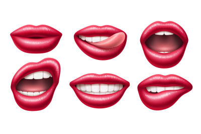 Realistic female lips. Gloss mouths with bright lipstick, 3d isolated