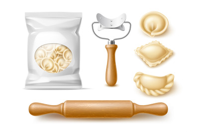 Making dumplings accessories. Realistic packaged product, dough with m