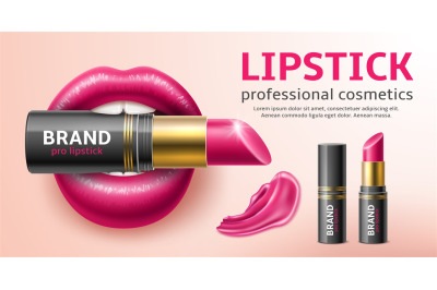 Realistic lipstick with lips poster. Sexy womens lips hold an open lip